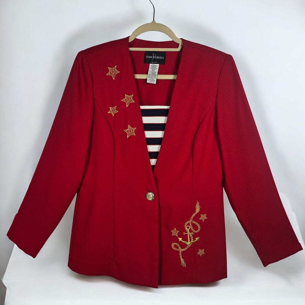 VTG John Roberts Petite Blazer Jacket 10P Red Nautical Anchor Stars Embellished